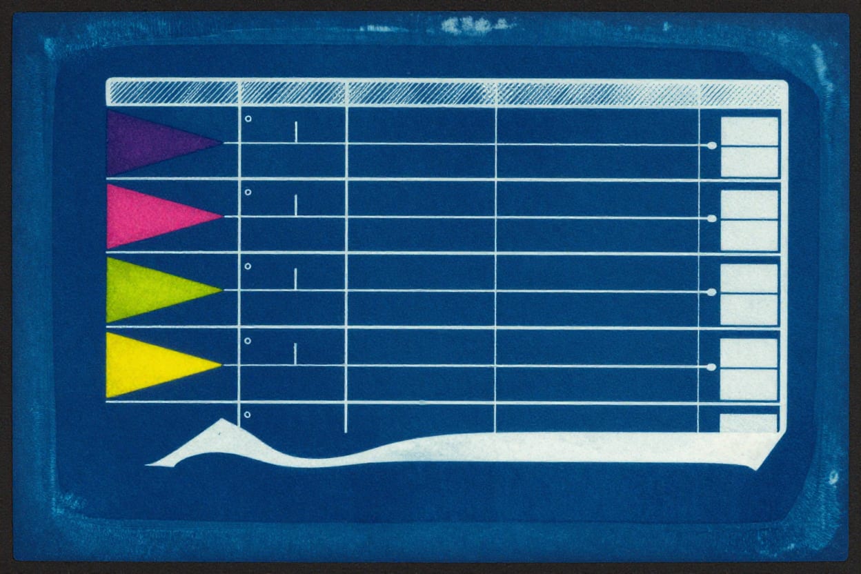 Cyanotype detail of the receipt strip, three ink flows entering ruled rows